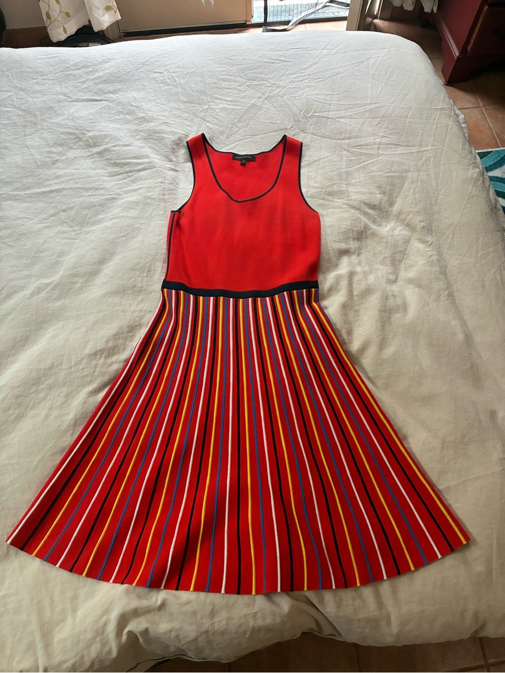 Banana Republic Red-Orange Sleeveless Dress with Multicolor Striped Skirt